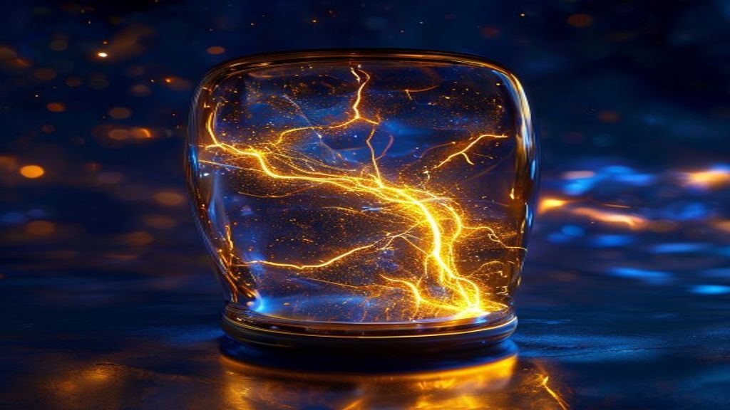 Modern abstract 3D render of a massive, glowing golden surge of electricity contained within a sleek glass conduit. Pris