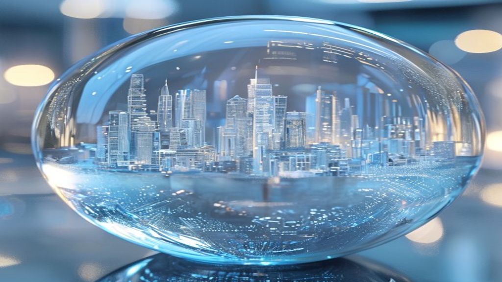 Photorealistic macro shot of a luminous glass sphere housing a complex, harmonious digital city. Soft ethereal blue and 