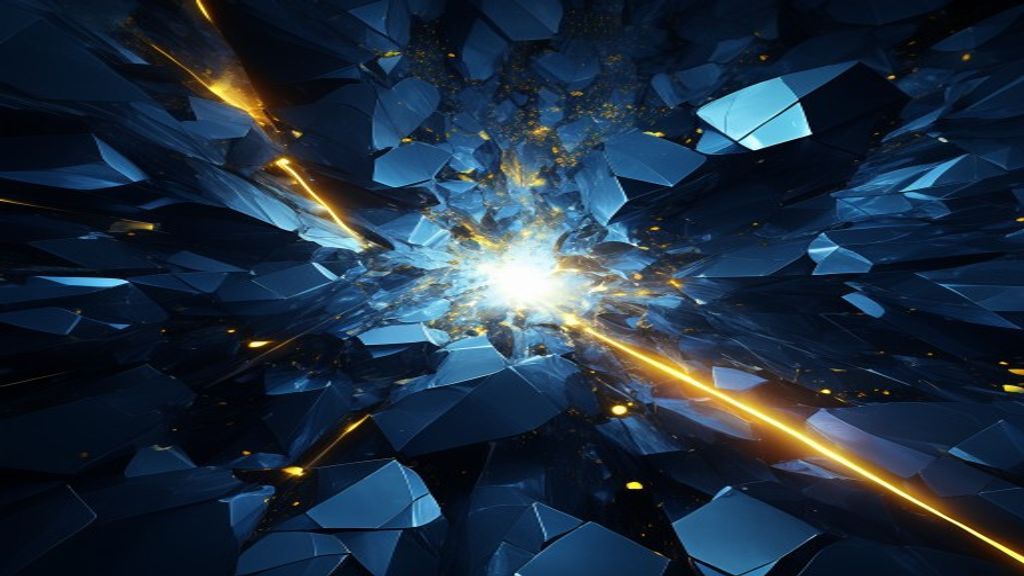 Modern abstract digital landscape showing a fractured crystalline wall of deep blue data. A piercing beam of bright yell