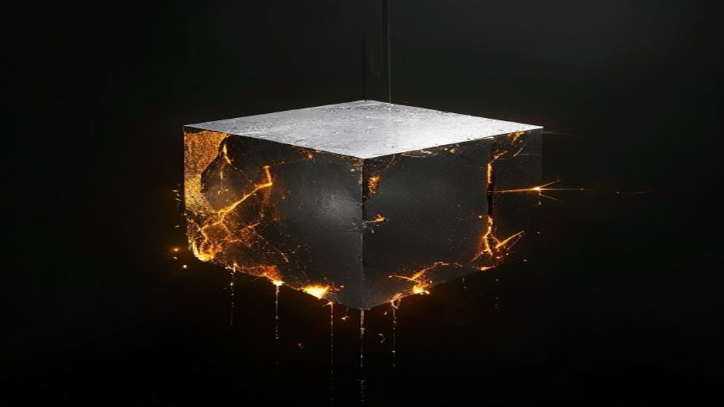 A minimalist, monolithic silver cube suspended in a dark void. Shards of glowing amber light pierce through its impenetr