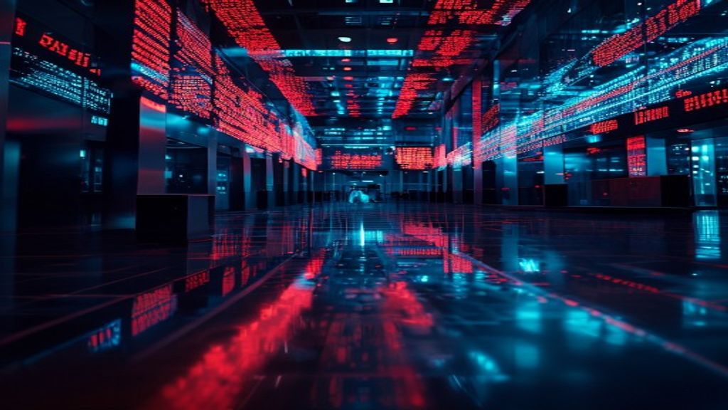 Photorealistic wide shot of a modern stock exchange floor at night. Dramatic shadows, glowing red digital ticker tape re