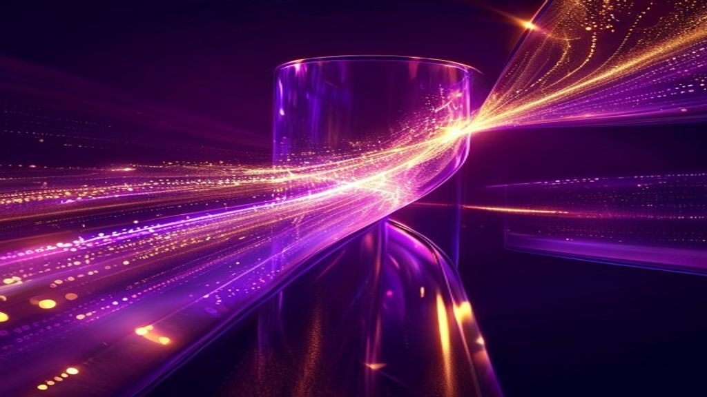 Abstract visualization of high-speed data streams. Shimmering golden light merging with deep violet energy pulses inside