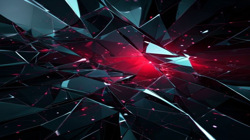 Modern abstract digital art representing a security firewall. Sharp geometric glass shards shattering a complex glowing 