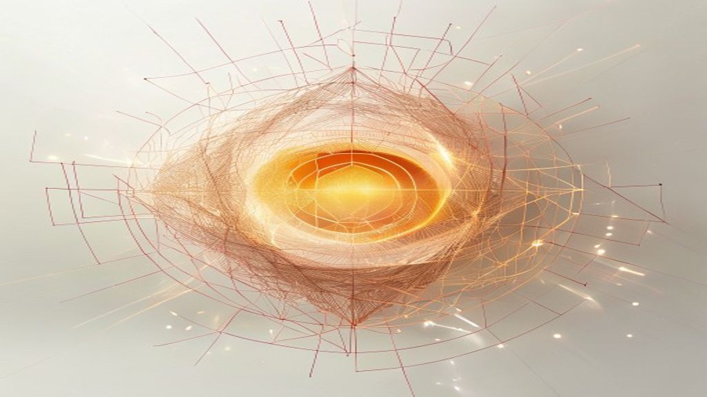 Modern abstract representation of a digital harvest. Geometric patterns of glowing fiber-optic threads weaving into a ci