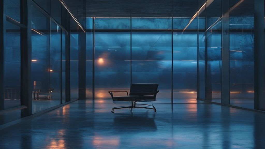 A cinematic wide-angle shot of a minimalist glass office at dusk. Cold blue hour light clashing with warm interior lamps