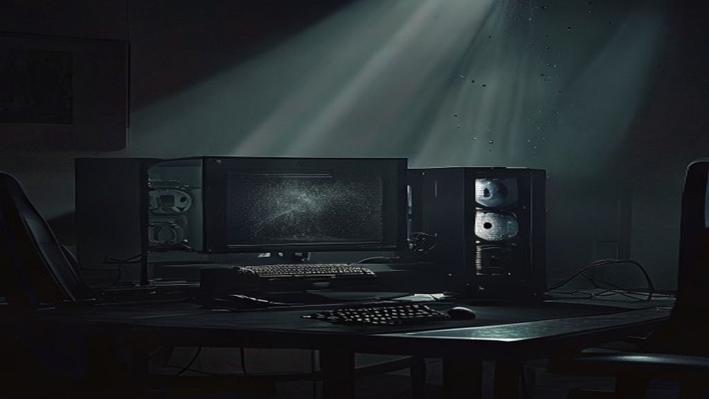 Wide cinematic shot of an ultra-premium gaming desk in a dark room. A high-end PC tower sits lifeless and dark, reflecti
