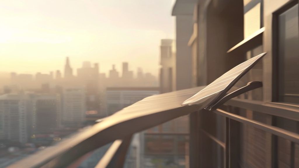 Close-up of a minimalist balcony in a bustling city. A slim, high-tech solar panel leans against the railing. Soft morni