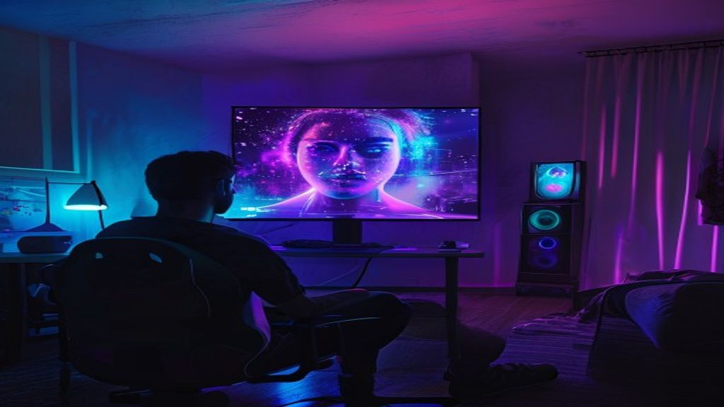 Photorealistic wide shot of a darkened gaming room. A streamer sits in silhouette, while the bright monitor displays a h