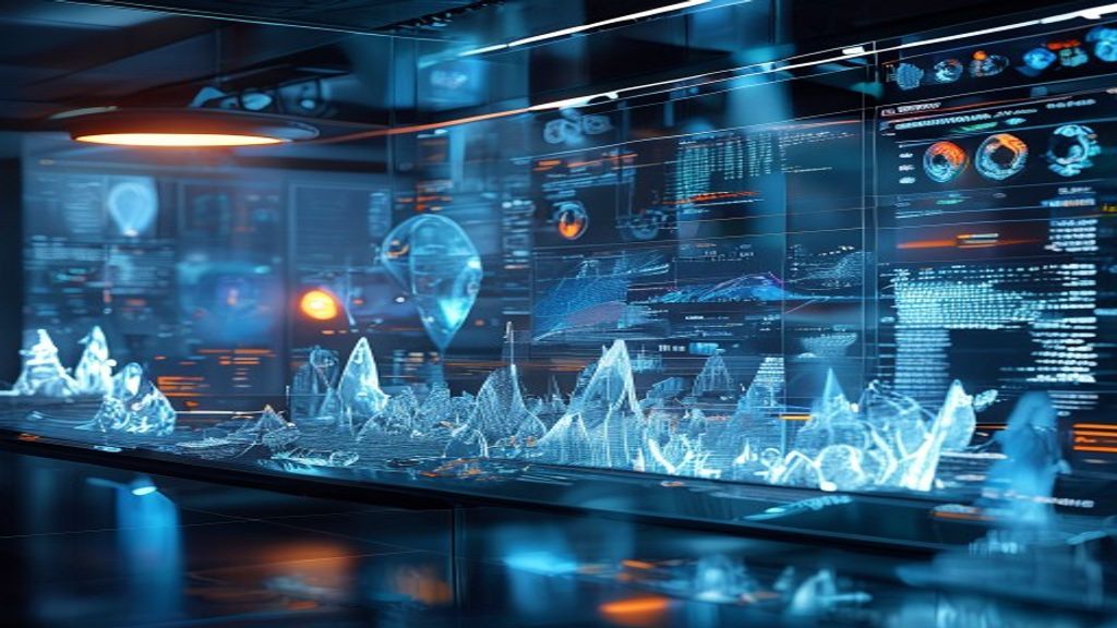 Photorealistic high-tech command center interface. Massive holographic screens display shifting probability charts and t