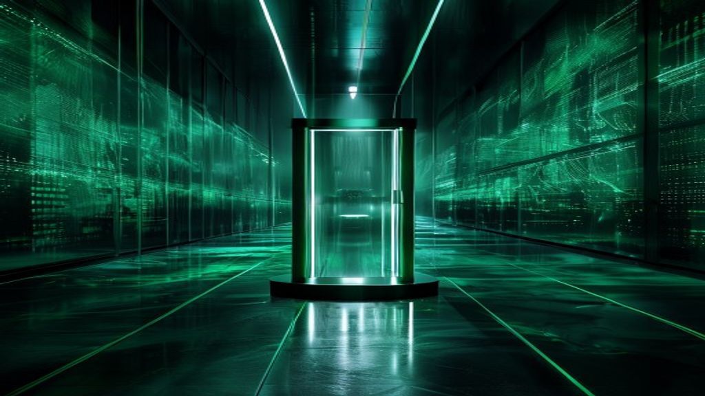 Modern abstract architectural shot of a sleek glass turnstile in a dark, atmospheric data center. Emerald green laser be