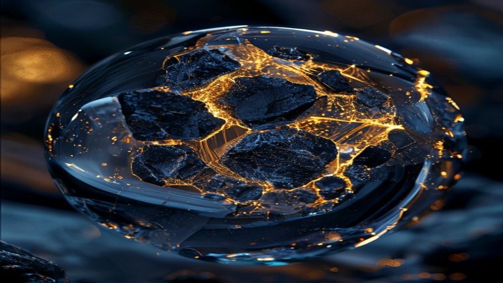 Abstract macro photography of raw, jagged obsidian shards suspended inside a flawless, glowing crystalline sphere. Intri