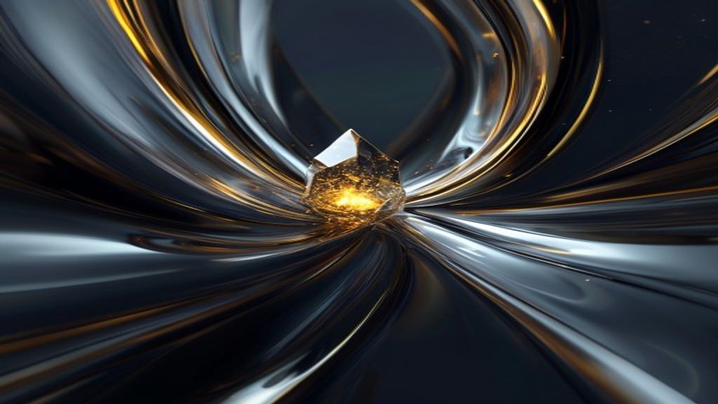 Modern abstract visualization of two distinct swirling streams of liquid light, gold and obsidian, converging into a per
