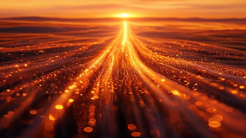 Wide angle cinematic shot of a vast landscape made of glowing fiber optic cables merging into a singular, infinite horiz