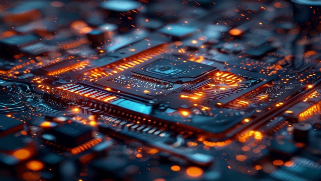 Photorealistic macro photography of a high-end motherboard processor. Intense orange and deep teal cinematic lighting. D