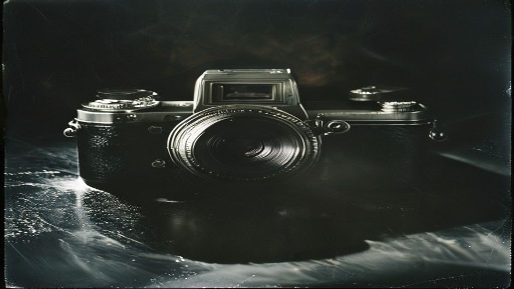 Close-up of a vintage four-lens stereoscopic film camera on a dark marble surface. Moody chiaroscuro lighting. Soft dust