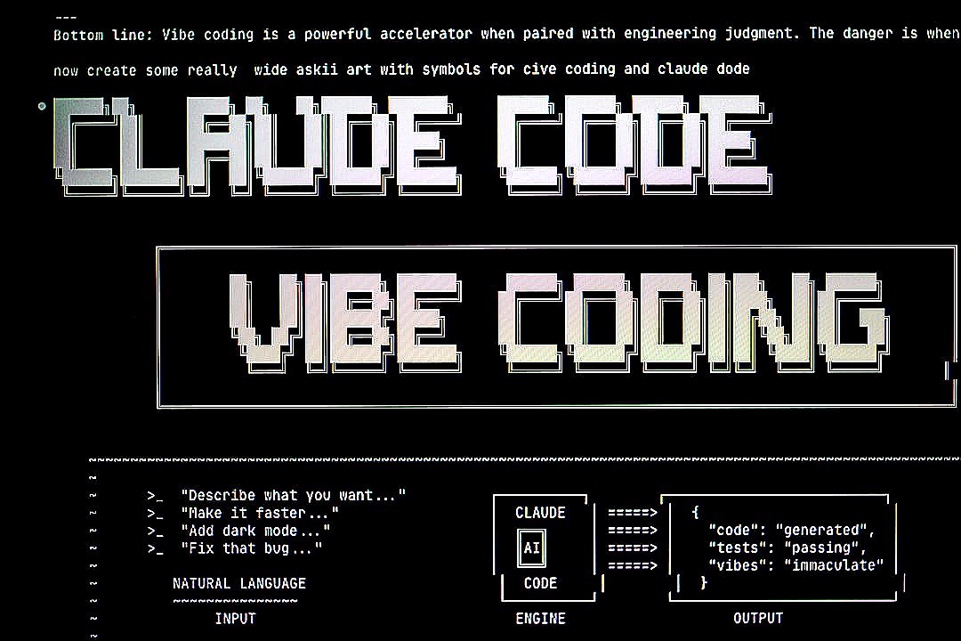 Digital art with text "claude code" and "vibe coding"