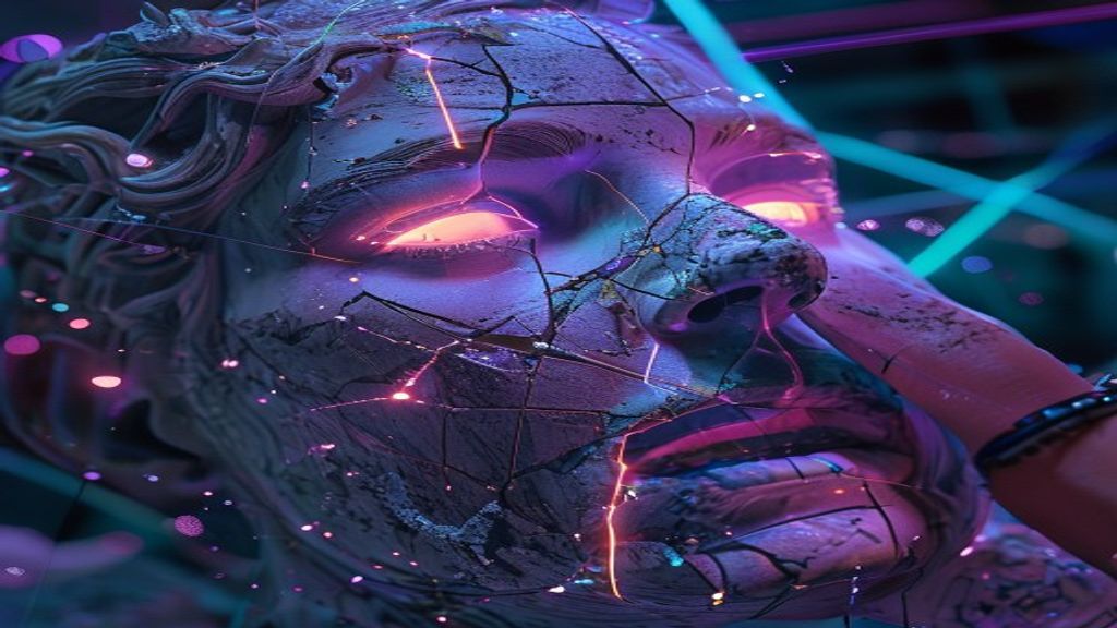 Photorealistic close-up of a shattered marble bust being reconstructed by precise laser beams of light. The missing piec