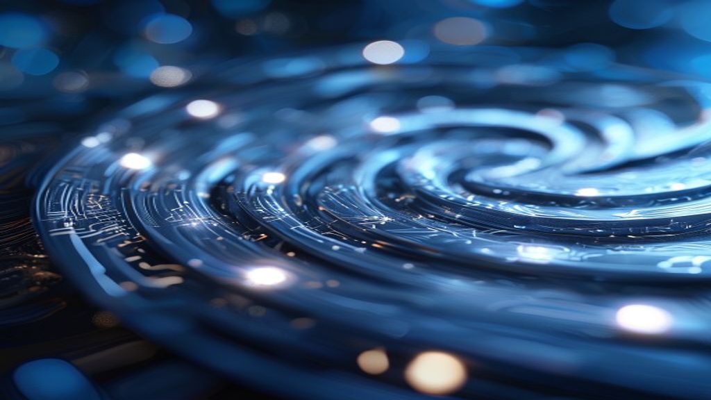 Cinematic close-up of metallic cards floating in a void, arranged in a perfect mathematical spiral. Each card etched wit