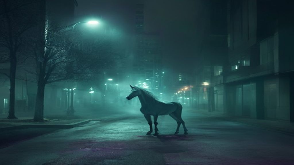 A spectral, translucent unicorn wandering through a fog-drenched, empty Palo Alto street at night. Cold streetlights, lo