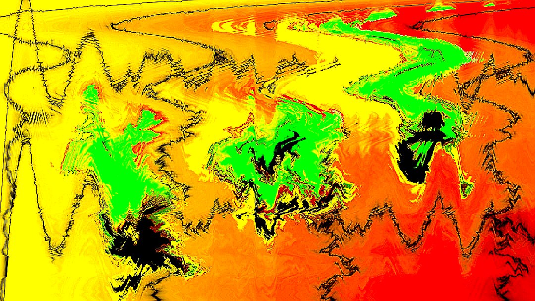 Abstract wavy patterns in yellow, orange, red, and green.