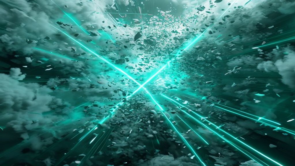Modern abstract representation of a precise laser beam cutting through a dense, chaotic cloud of grey data fragments. Vi