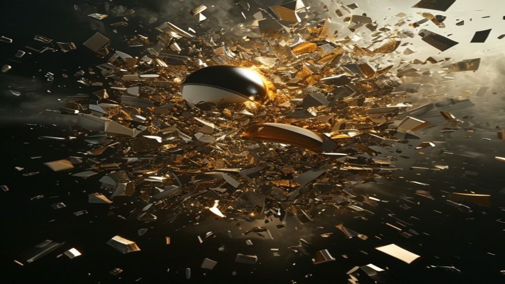 Abstract modern visualization of data distillation. A massive cloud of chaotic metallic shards collapsing into a single,
