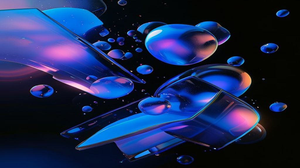 Abstract modern composition of floating, semi-transparent soft-body spheres and rounded rectangles colliding. High-contr