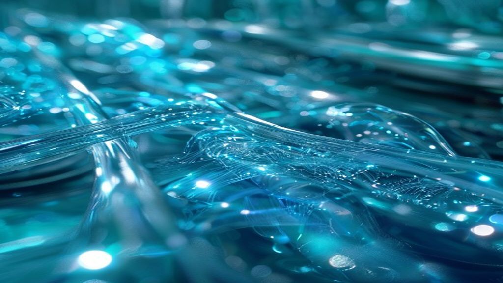 Abstract visualization of a digital stream inside a translucent glass conduit. Bioluminescent blue threads intertwining 