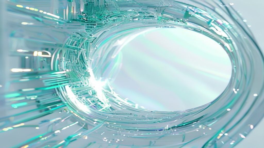 Abstract modern composition of iridescent glass circuits and fiber-optic cables weaving into an open, circular portal. S