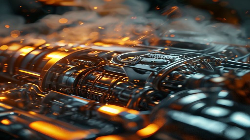 Photorealistic close-up of a polished chrome mechanical engine core. Blurry digital smog is being repelled by a sharp, g