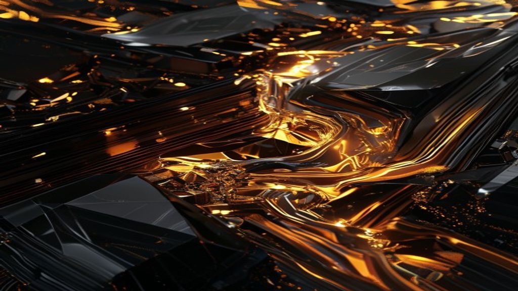 Modern abstract visualization of liquid gold flowing through a dark obsidian circuit board. Prismatic light refracts thr