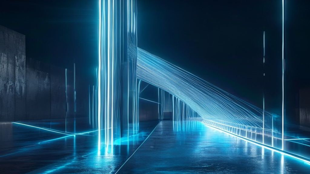 Abstract architectural visualization of a seamless bridge of glowing fiber-optic conduits merging into a solid monolithi