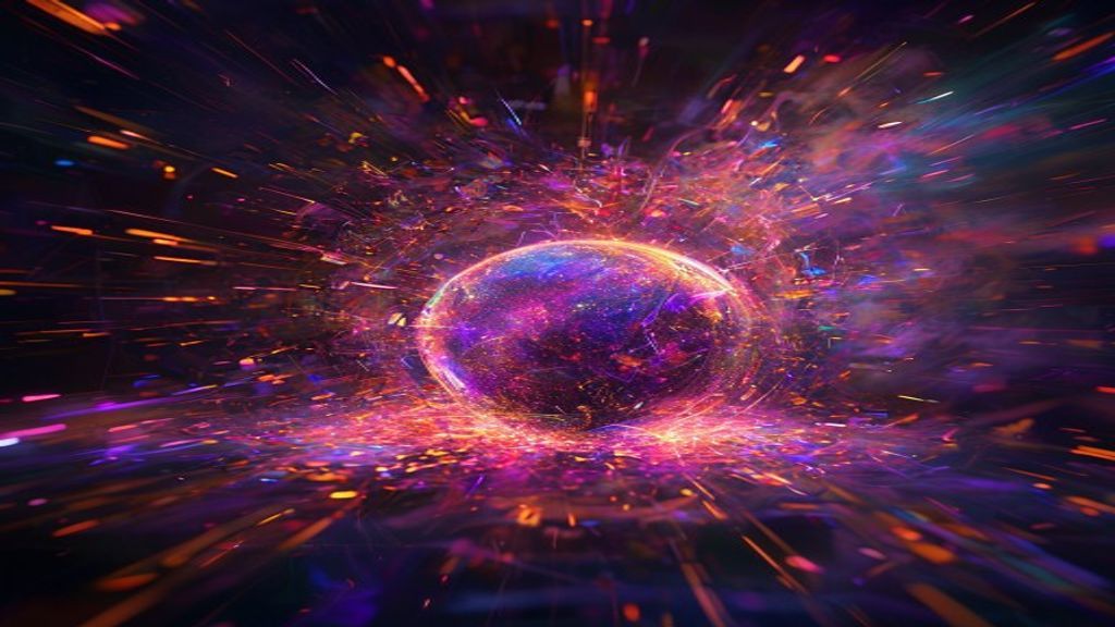 A modern abstract visualization of a digital singularity. A single, glowing iridescent sphere collapsing a chaotic storm