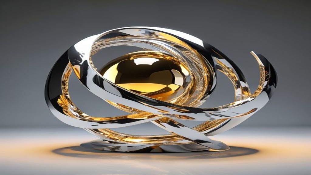 Abstract modern sculpture of interlocking metallic chrome rings shattering under pressure from a single glowing gold sph