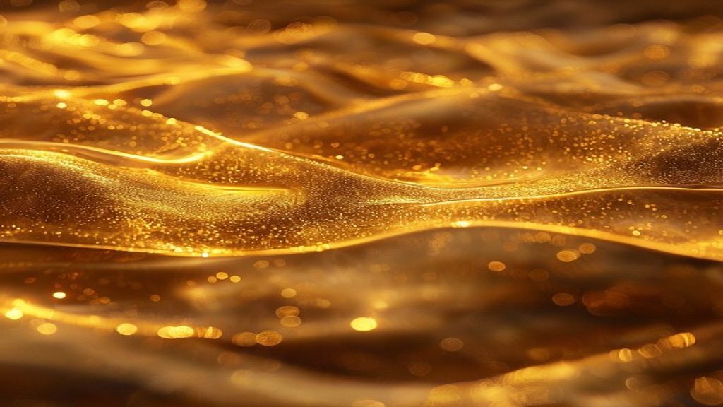 Cinematic macro view of a liquid gold surface vibrating at high frequency, forming complex interference patterns and mis