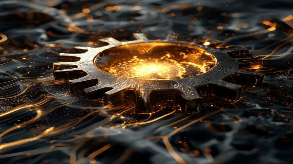 Abstract visualization of a neural network merging with a physical gear mechanism. Glowing gold and obsidian black color