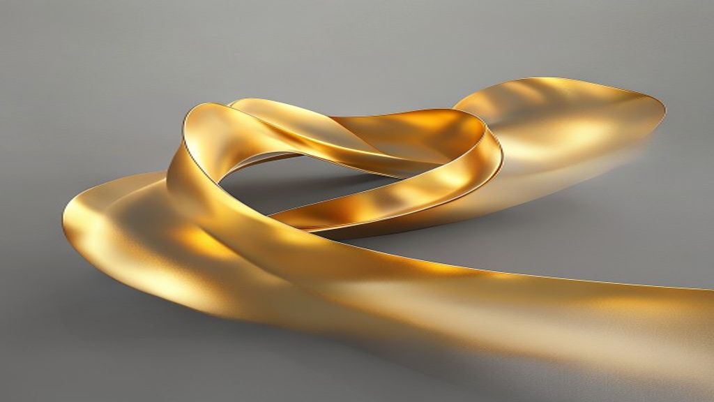 Abstract 3D render of a single, infinite golden ribbon spiraling through a minimalist gray space. Smooth, aerodynamic cu