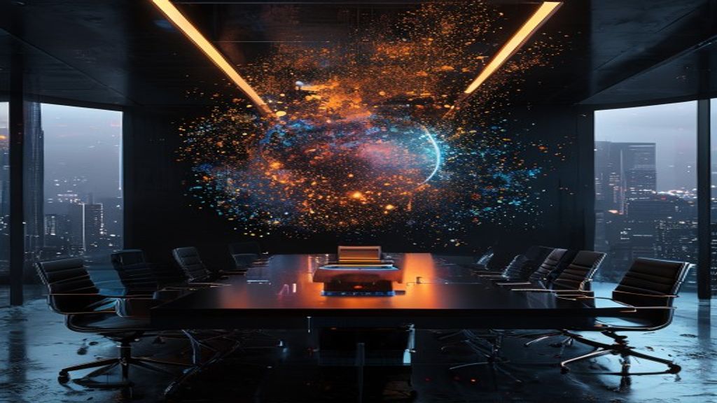 Photorealistic wide shot of a minimalist dark boardroom. A central holographic display emits a vibrant swarm of 128 digi