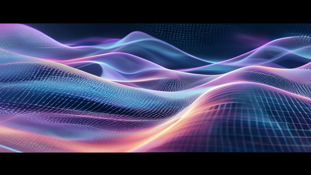 Modern abstract composition of fluid, organic waves intersecting with sharp digital grids. Ethereal iridescent colors, s