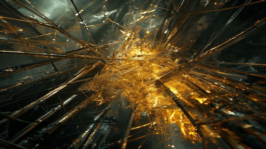 Abstract composition of chaotic, rusted metallic wires being pulled through a glowing, futuristic crystalline filter, em