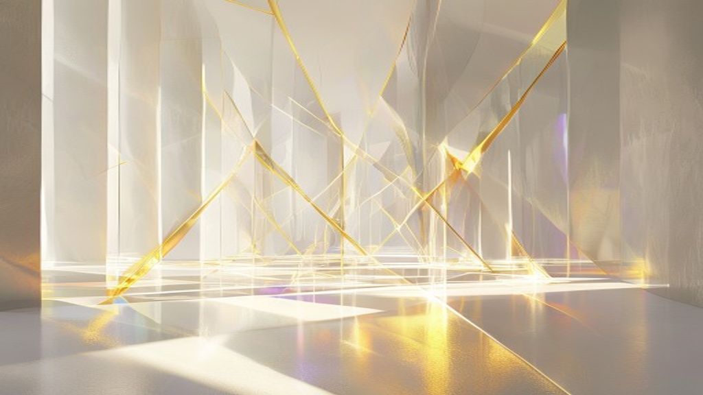 Abstract architectural visualization of interconnected glass prisms and golden light beams forming a complex network. Pr