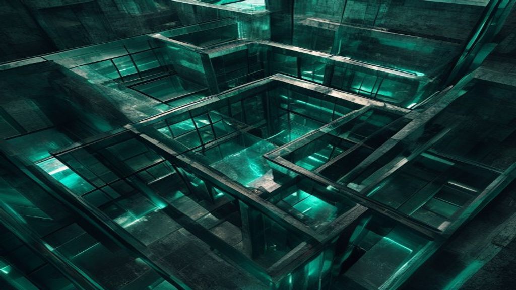 A vast, photorealistic architectural labyrinth made of polished obsidian and glowing glass. Overhead shot, dramatic shad
