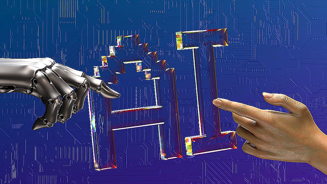 robot and human hands reaching toward ai text