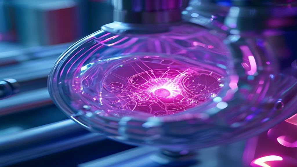 Macro shot of a single synthetic cell held in a laser-guided optical trap. Shimmering translucent membrane, internal syn