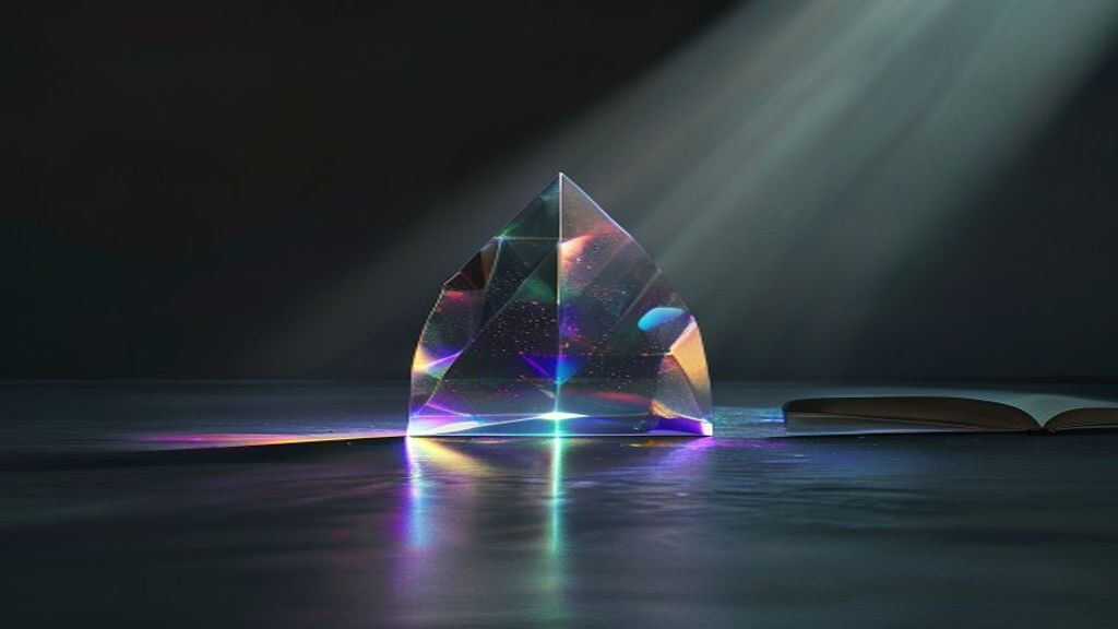 A single, luminous crystalline prism refracting a powerful beam of light into a complex, organized spectrum. Deep charco