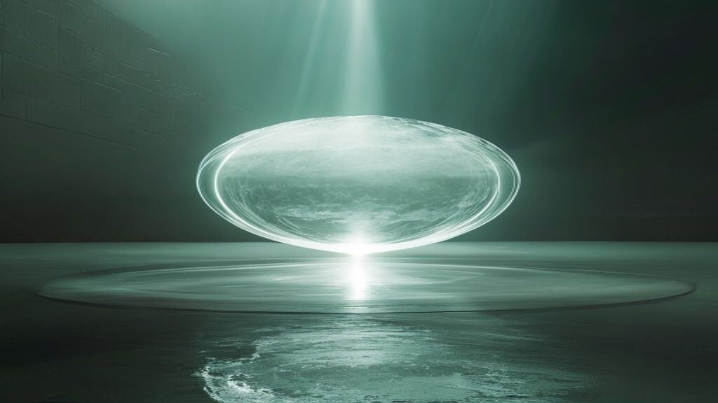 A monolithic, floating crystalline core emitting concentric rings of white light in a void. Photorealistic textures, ray