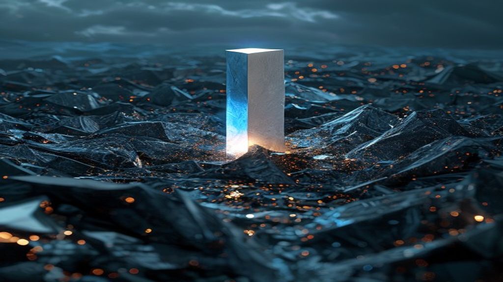 A vast, dark digital landscape featuring a single monolithic pillar of light emerging from a sea of distorted, glitching