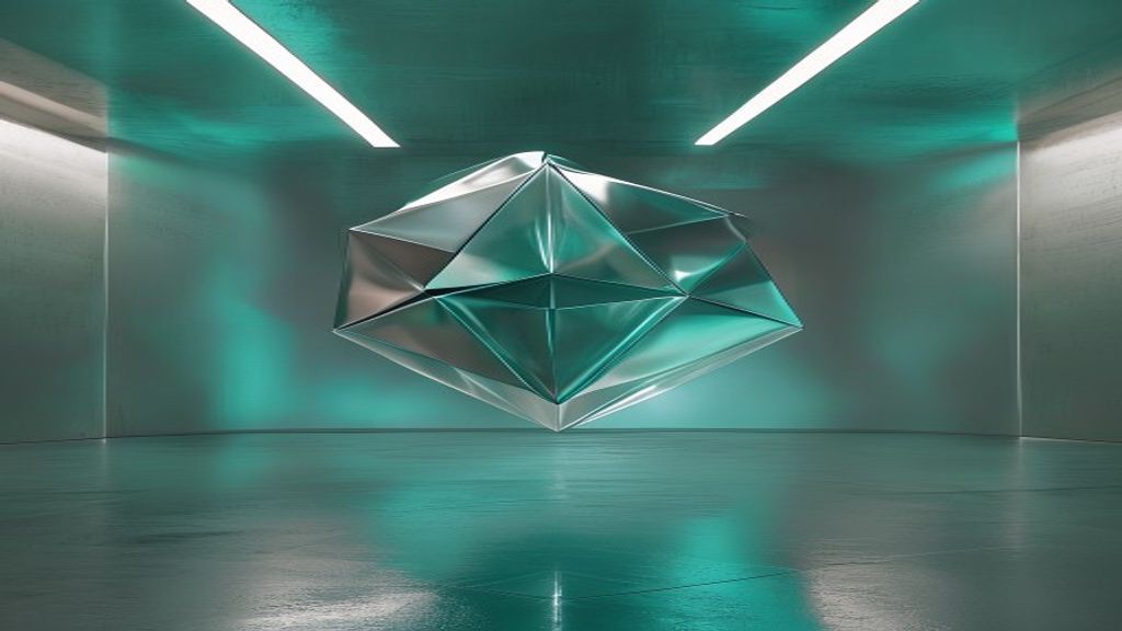 A floating, perfectly symmetrical polyhedron made of polished chrome and frosted glass. It hovers in a minimalist void w