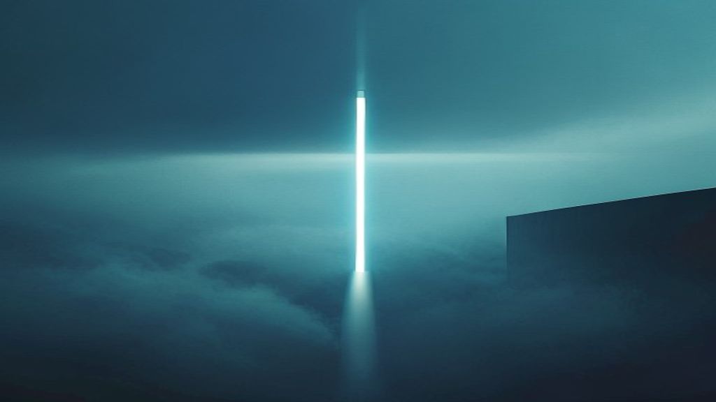 Wide cinematic shot of a minimalist futuristic landscape. A single beam of pure white light slicing through a dense, atm