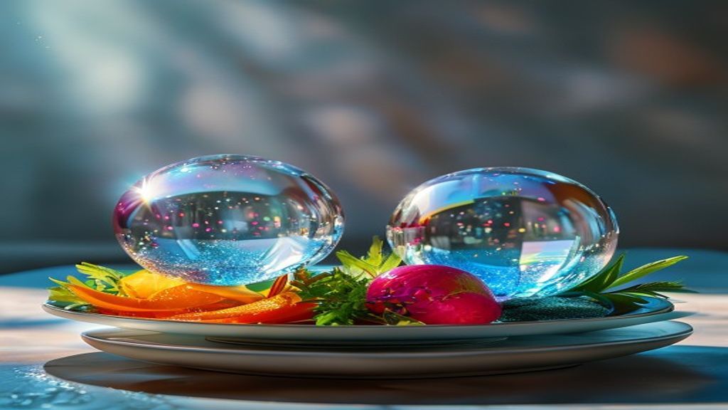 A photorealistic, conceptual shot of three shimmering, translucent digital spheres intersecting over a minimalist plate 